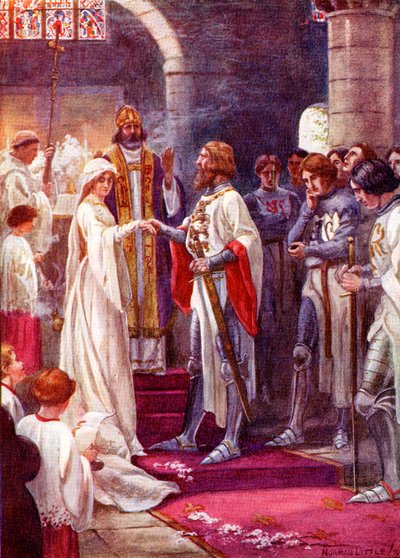 Las Bodas del Rey Arturo y Ginebra. Ilustración coloreada del libro The Gateway to Tennyson publicado en 1910. de English School