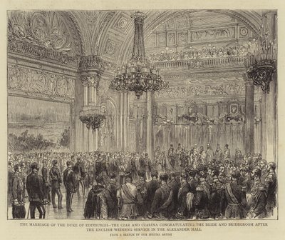 El Matrimonio del Duque de Edimburgo, el Zar y la Zarina felicitando a la Novia y el Novio después del Servicio de Boda Inglés en el Salón Alexander (grabado) de English School