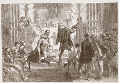 El Mariscal de Polonia exigiendo el juramento del Duque de Anjou, ilustración de La Historia del Protestantismo de James Aitken Wylie (1808-1890), pub. 1878 de English School