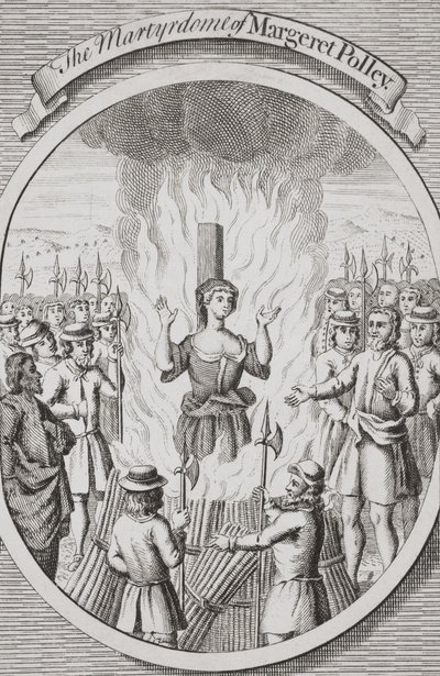El martirio de Margeret Polley en Tunbridge, de "La quema de los mártires", publicado en 1741 (litografía). de English School