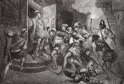 La masacre de San Bartolomé: ataque a los alojamientos de Coligny, ilustración de La Historia del Protestantismo de James Aitken Wylie, pub. 1878 de English School
