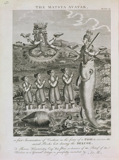 El Avatar Matsya, o la Primera Encarnación de Vishnu en Forma de Pez para Recuperar los Libros Sagrados Perdidos Durante el Diluvio, grabado por Barlow de English School