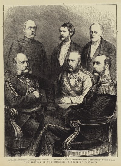 La reunión de los emperadores, un grupo de retratos (grabado) de English School
