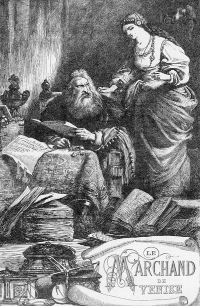 El Mercader de Venecia - Ilustración en “Obras completas de William Shakespeare” 1866 - Las ilustraciones y la forma general de esta edición son tomadas del Shakespeare ilustrado de Cassell, publicado en Londres de English School