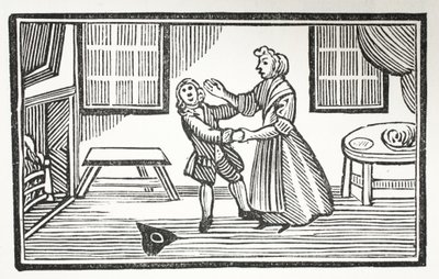 El método que Meg utilizó para hacer que uno de los vicarios pagara su cuenta, ilustración de Chap-books del siglo XVIII de John Ashton, pub. 1882 de English School
