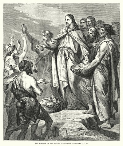 El milagro de los panes y los peces, Mateo XV, 36 (grabado) de English School