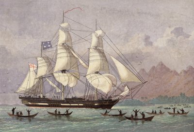El barco misionero Duff llegando a Otaheite de English School
