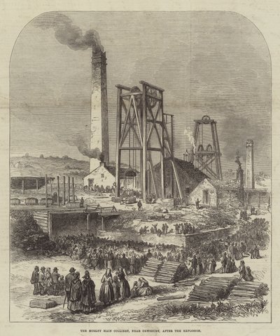 La mina Morley Main, cerca de Dewsbury, después de la explosión (grabado) de English School