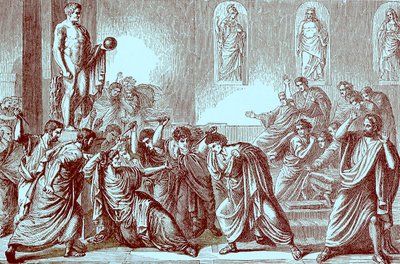 El Asesinato de Julio César, ilustración de The Illustrated History of the World, publicado c.1880 de English School