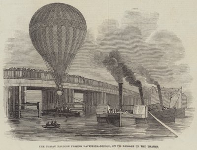 El Globo Nassau pasando el Puente de Battersea, en su Paso por el Támesis (grabado) de English School