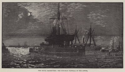 Las Maniobras Navales, la Flotilla de Cañoneras en los Downs (grabado) de English School