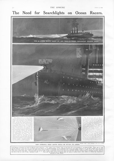 La necesidad de reflectores en los transatlánticos, de The Sphere, 27 de abril de 1912 de English School