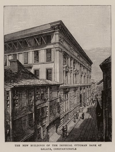 Los nuevos edificios del Banco Imperial Otomano en Galata, Constantinopla (grabado) de English School