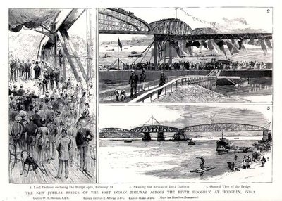 El nuevo puente del jubileo del ferrocarril de la India Oriental sobre el río Hooghly, en Hooghly, India de English School