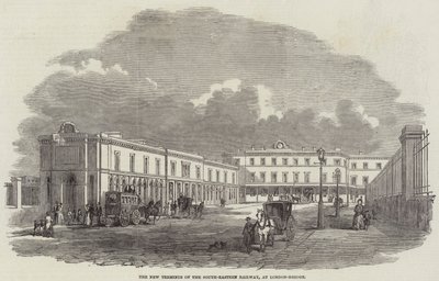 La Nueva Terminal del Ferrocarril del Sureste, en London-Bridge (grabado) de English School