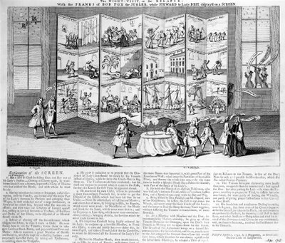 La Visita Nocturna o la Recaída: con las Travesuras de Bob Fox el Juglar mientras era Mayordomo de Lady Britannia, mostradas en una pantalla, 1742 de English School