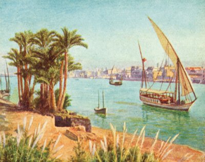 El Nilo, vista cerca de El Cairo (litografía en color) de English School