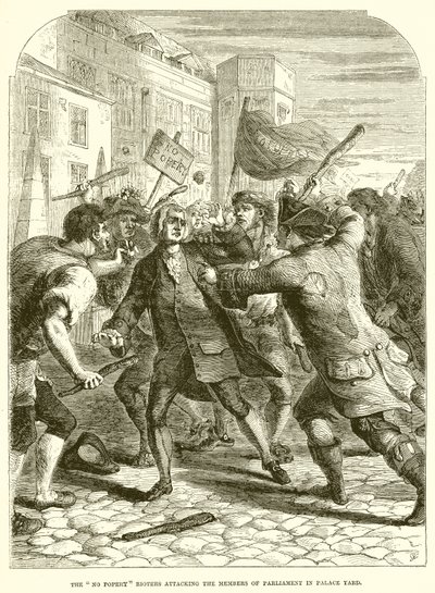 Los alborotadores de No Popery atacando a los miembros del Parlamento en Palace Yard de English School