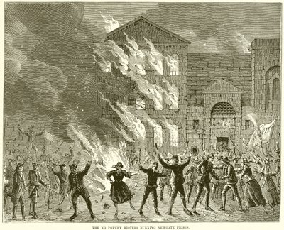 Los alborotadores de No Popery quemando la prisión de Newgate de English School