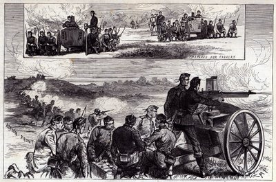 Los cañones Nordenfeldt en Aldershott, de Illustrated London News, septiembre de 1885 de English School