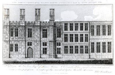 La fachada norte de la Casa Solariega en Chelsea construida por el Rey Enrique VIII, grabado por J. Barlow, ilustración en Una Cuenta Histórica y Topográfica de Chelsea y sus Alrededores por Thomas Faulkner de English School