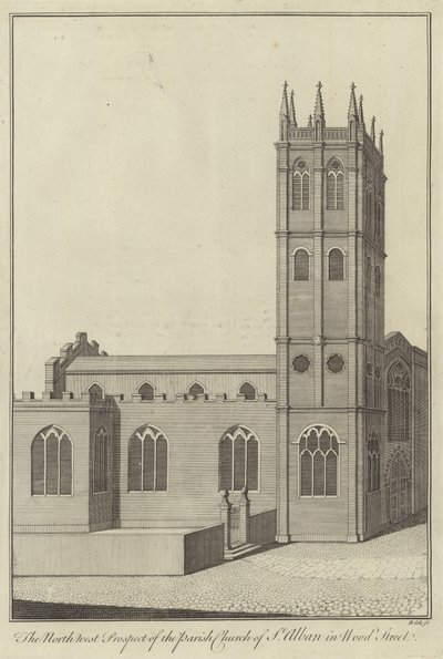 Vista Noroeste de la Iglesia Parroquial de San Albano en Wood Street, Londres de English School