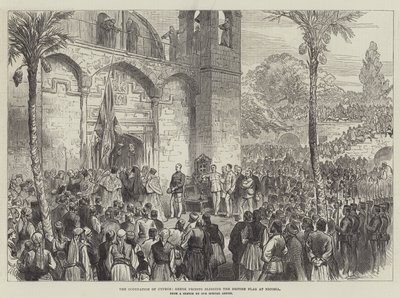 La ocupación de Chipre, sacerdotes griegos bendiciendo la bandera británica en Nicosia de English School