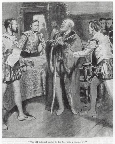 "El viejo almirante se puso en pie con un grito sonoro" (grabado) de English School