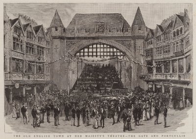 La antigua ciudad inglesa en el teatro de Su Majestad, la puerta y el rastrillo de English School