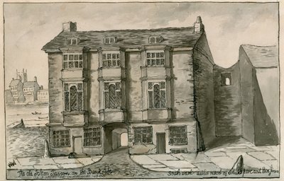 La antigua taberna Falcon en el Bank side, como apareció en el año 1805 de English School