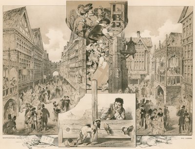 La antigua calle de Londres en la Exposición de Salud; Casa de Whittington, Pye Corner de English School