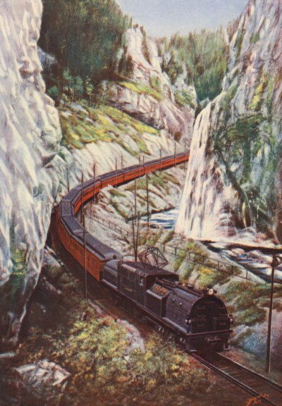 The Olympian, tren en Chicago, Milwaukee, St Paul y Pacific Railroad, EE. UU. (litografia en color) de English School