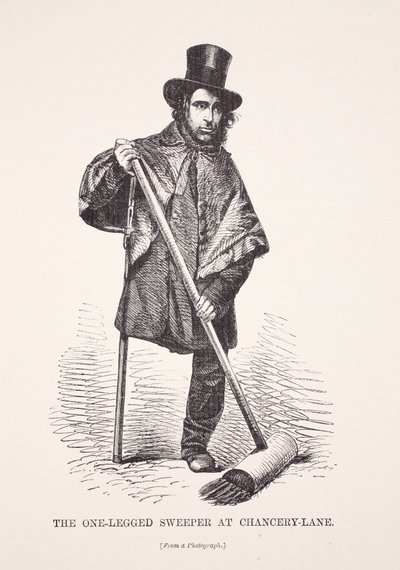 El barrendero de una pierna en Chancery Lane, ilustración de London Labour and London Poor de Henry Mayhew, pub. 1862 de English School