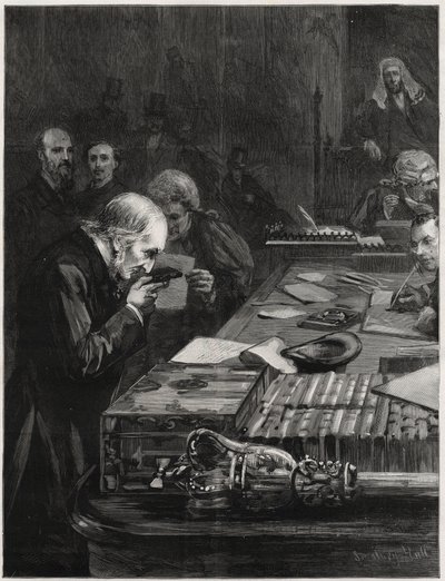 La Apertura del Parlamento, 31 de enero de 1893, Sr. William Ewart Gladstone, apoyado por el Sr. Marjoribanks y el Sr. H Gladstone, tomando el Juramento. Ilustración para The Graphic de English School