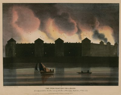 La Penitenciaría, Millbank, Londres, como apareció desde el río durante el incendio la noche del 7 de octubre de 1835 de English School