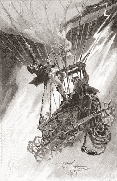 Los peligros del vuelo en globo. Un globo en dificultades y a punto de estrellarse. De The Strand Magazine, publicado en 1896 (litografía) de English School