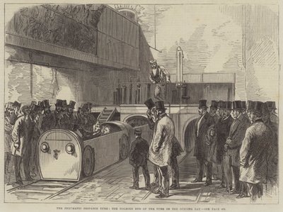 El tubo de despacho neumático, el extremo de Holborn del tubo en el día de apertura (grabado) de English School