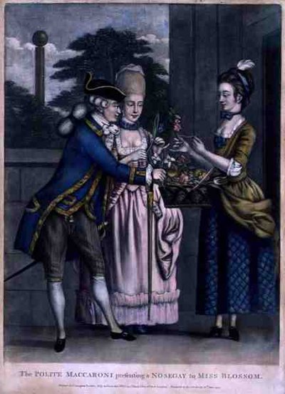 El Macarrón Cortés Presentando un Ramillete a la Señorita Blossom, pub. por Carington Bowles de English School