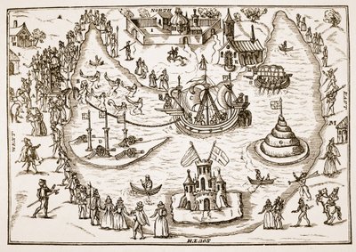 El estanque en Elvetham durante la visita de la Reina Isabel, de The Honourable Entertainment given to the Queens Majestie in Prgresse at Elvetham in Hampshire por el Right Honble the Earl of Hertford, 1591 de English School