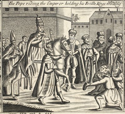 El Papa montando, el emperador sosteniendo su brida, reyes caminando delante de él, ilustración de Hechos y Monumentos de John Foxe, novena edición, pub. 1684 de English School