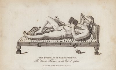 Retrato de Perkasanund, el falsificador hindú, en su lecho de púas (grabado) de English School