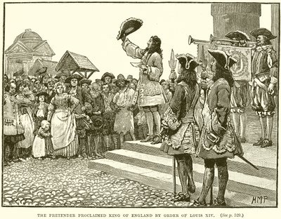 El Pretendiente proclamado rey de Inglaterra por orden de Luis XIV de English School