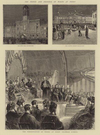 El Príncipe y la Princesa de Gales en Derby (grabado) de English School