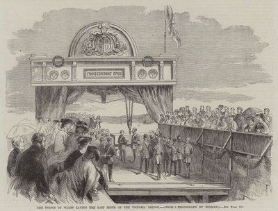 El Príncipe de Gales coloca la última piedra del puente Victoria (grabado) de English School