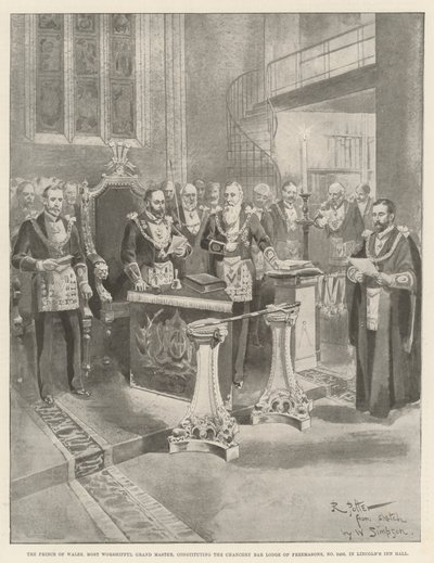 El Príncipe de Gales, Gran Maestro Muy Venerable, constituyendo la Logia del Chancery Bar de los Masones, No 2456, en el Salón de Lincoln