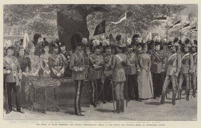 El Príncipe de Gales presentando las Medallas Conmemorativas del Jubileo a las Tropas Indias y Coloniales en el Palacio de Buckingham de English School