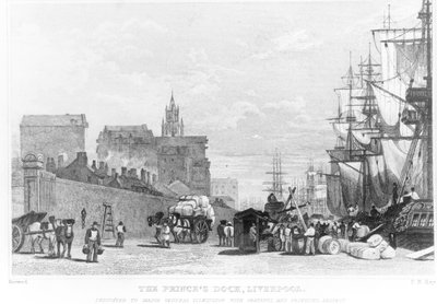 El muelle del Príncipe, Liverpool, grabado por F.R. Hay, c.1830 de English School