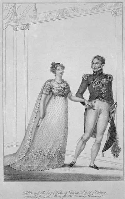La Princesa Carlota de Gales y el Príncipe Leopoldo de Coburgo regresando del altar después de la ceremonia de matrimonio, 1816 de English School