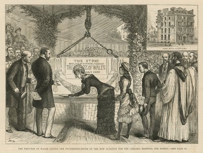 La Princesa de Gales colocando la primera piedra del nuevo edificio para el Hospital de Mujeres de Chelsea de English School