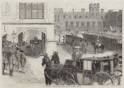 La princesa saliendo del castillo hacia la Capilla de San Jorge (grabado) de English School